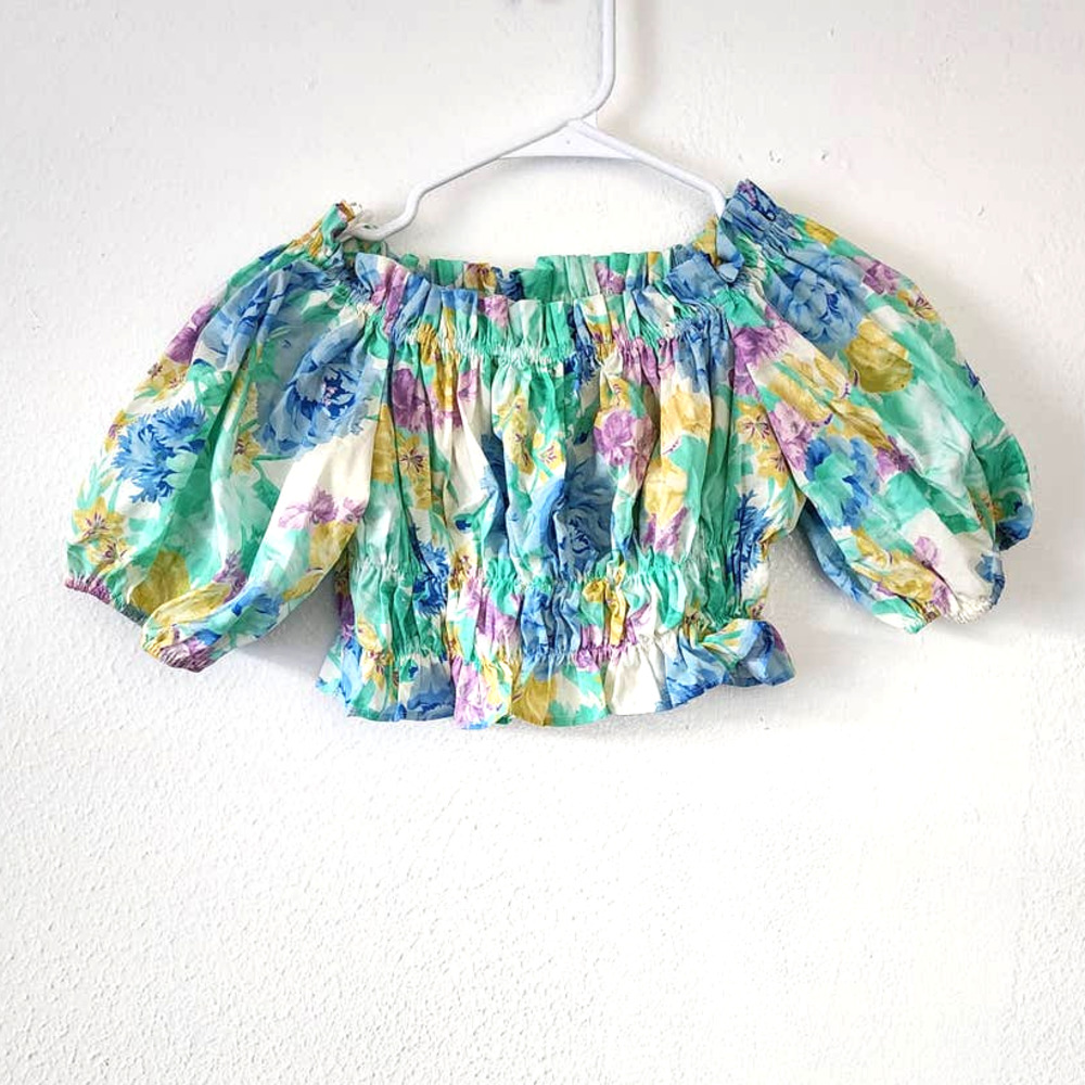 Zara Floral Printed Puff Sleeve Off The Shoulder Top - Picture 2 of 9